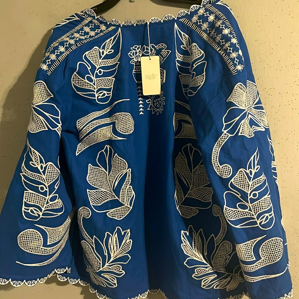 2 piece Jade Johnny Was Jodie Easy Jacket Blue and White Embroidered Set - Picture 3 of 11